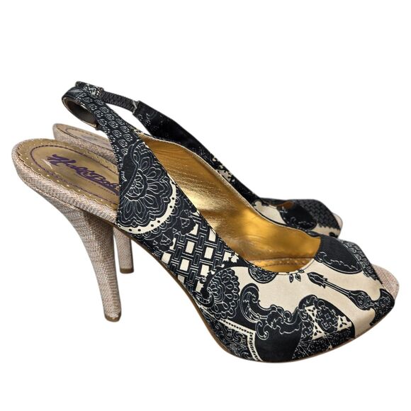 Hale Bob Tan Black Heels Sz 10 M Peep Toe Slingback Leather Outsole - Picture 3 of 16